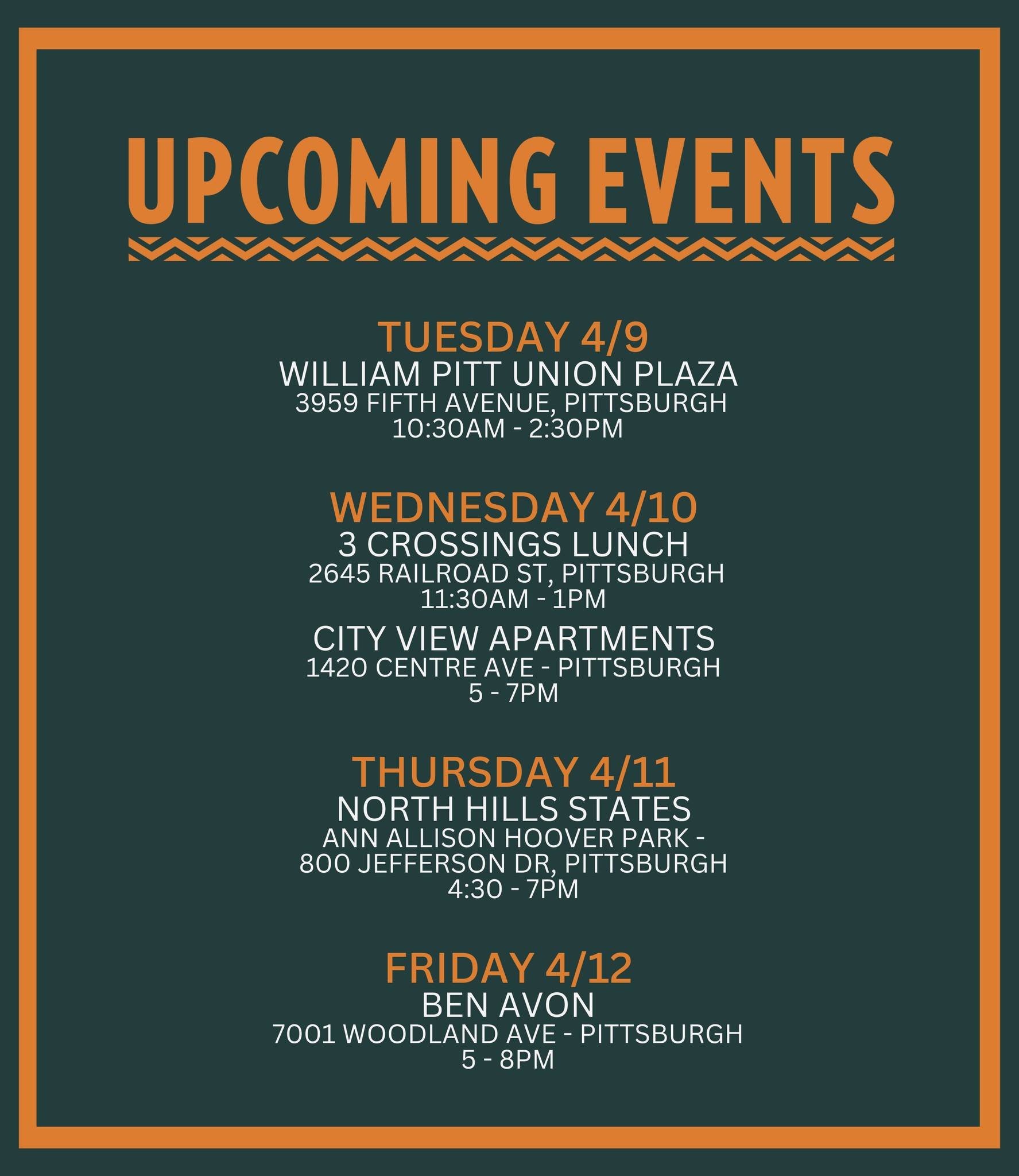 Where will we be seeing you this week?

#pghfoodtruck #goodfoodpgh #pittsburgh #pghevent