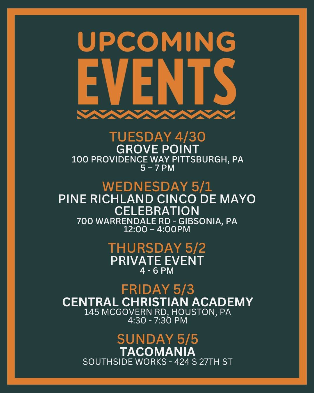 Get ready to celebrate Cinco de Mayo all week long with our flavor-packed schedule! 

Gather your crew, mark your calendars, and let's make this Cinco de Mayo one for the books! 🌮🚚 

#CincoDeMayoFiesta #TacoTruck #pghfood #pitsburghfood