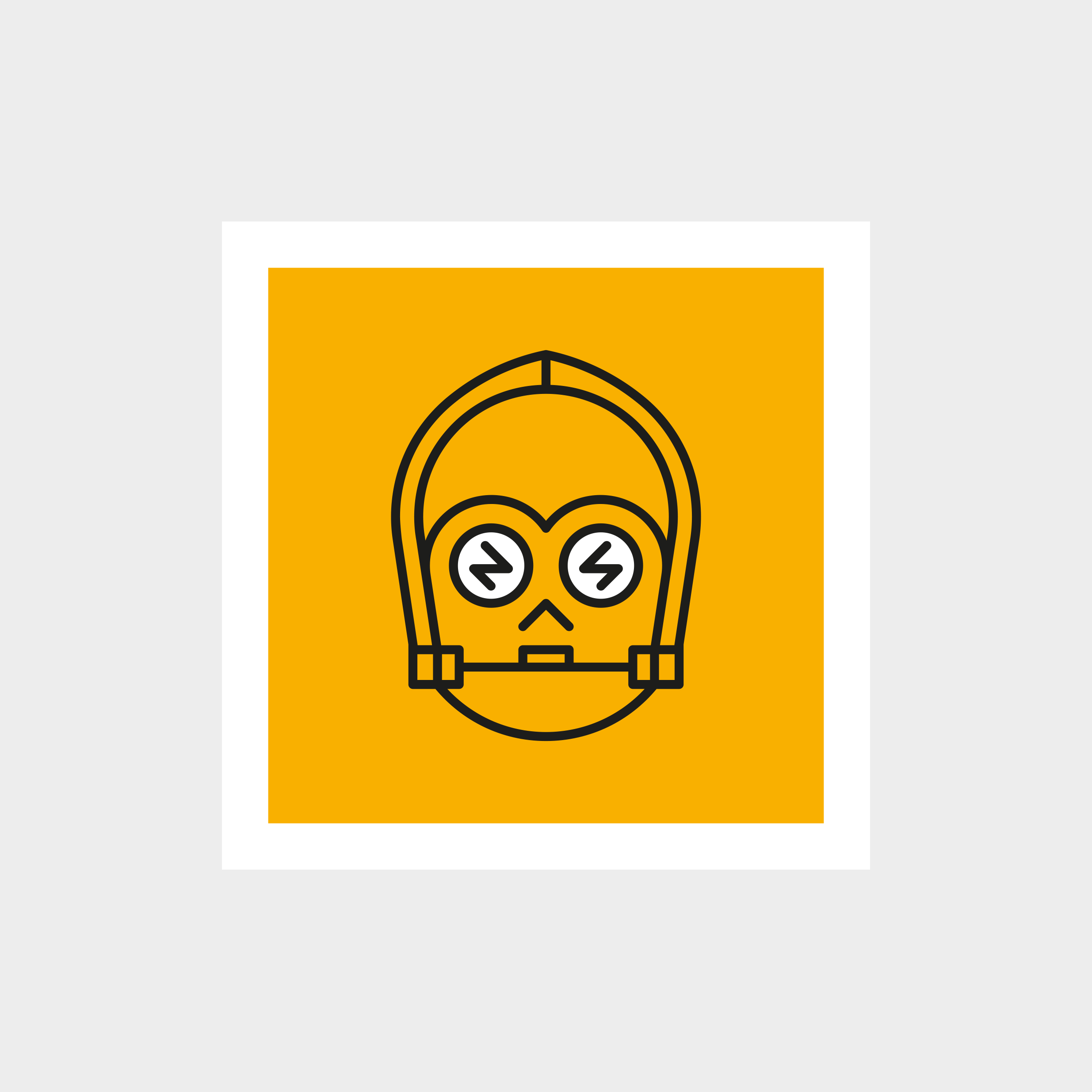 Colorful graphic poster with a yellow background, featuring a black outline of a skull with circular eyes and a nose, and a small mouth.