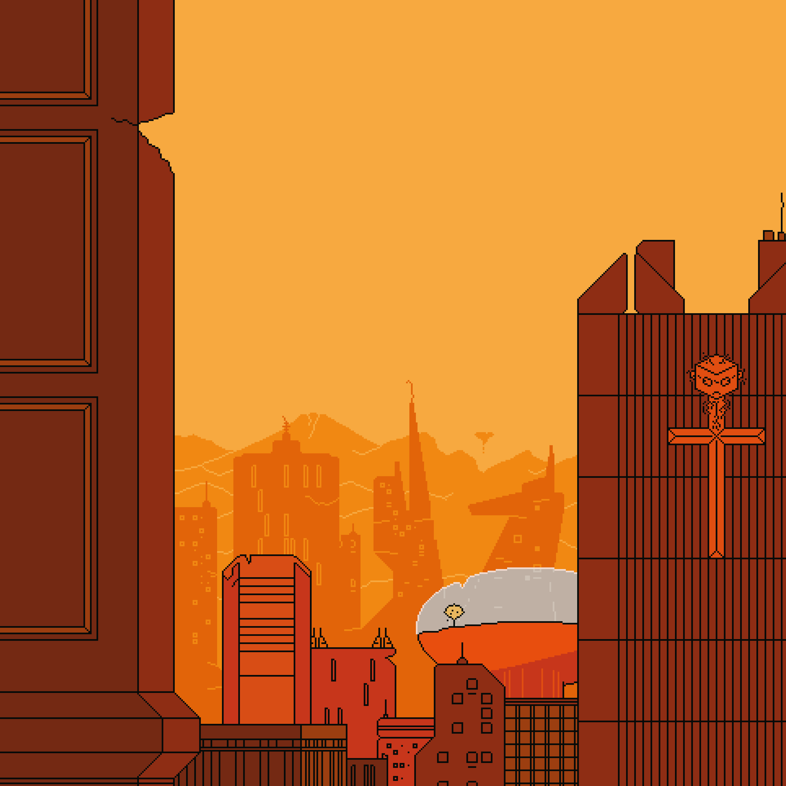 Pixel art scene of a city skyline at sunset, with tall skyscrapers, radio towers, and a small character standing on a platform in the foreground.