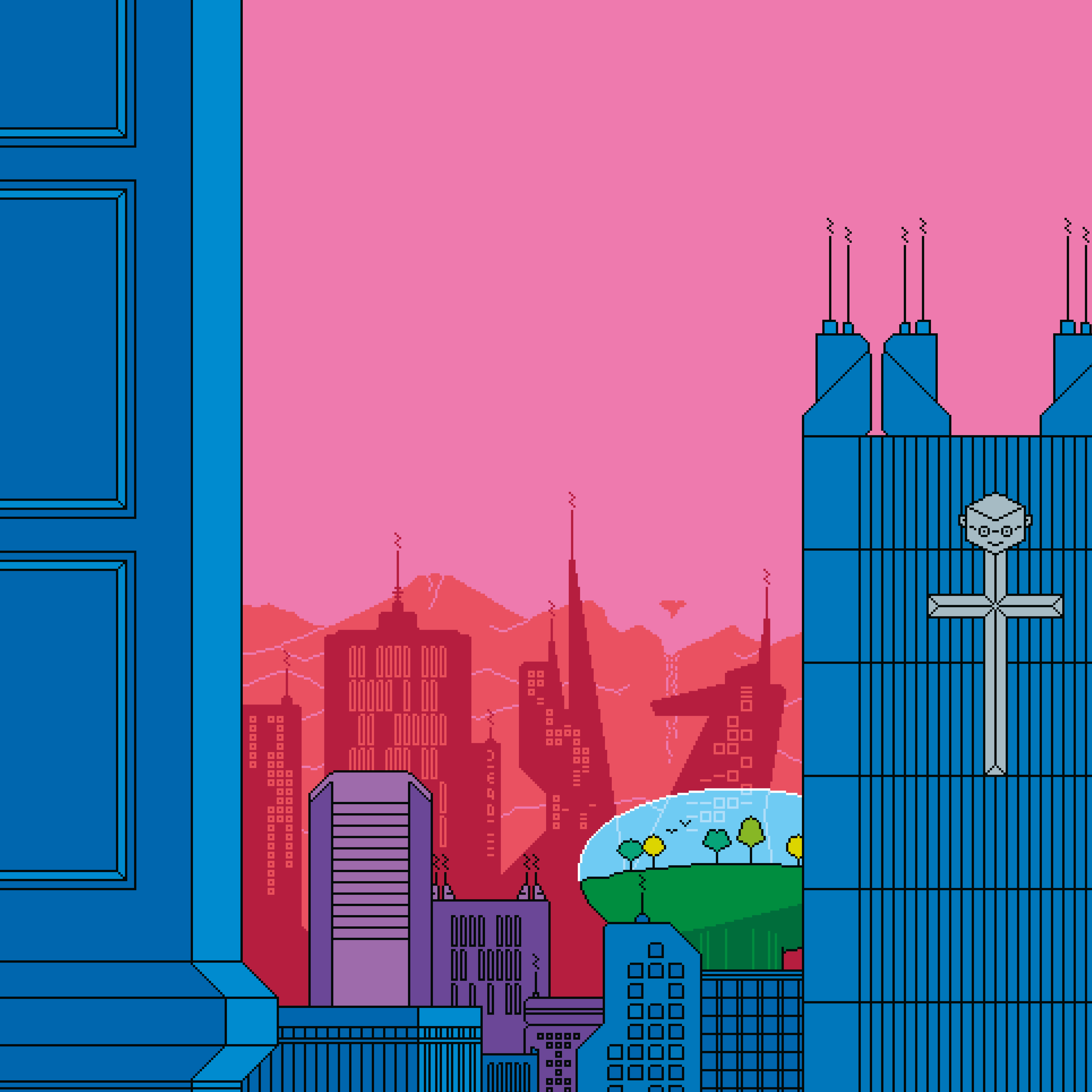 Pixel art cityscape with tall buildings, mountains, and a pink sky.