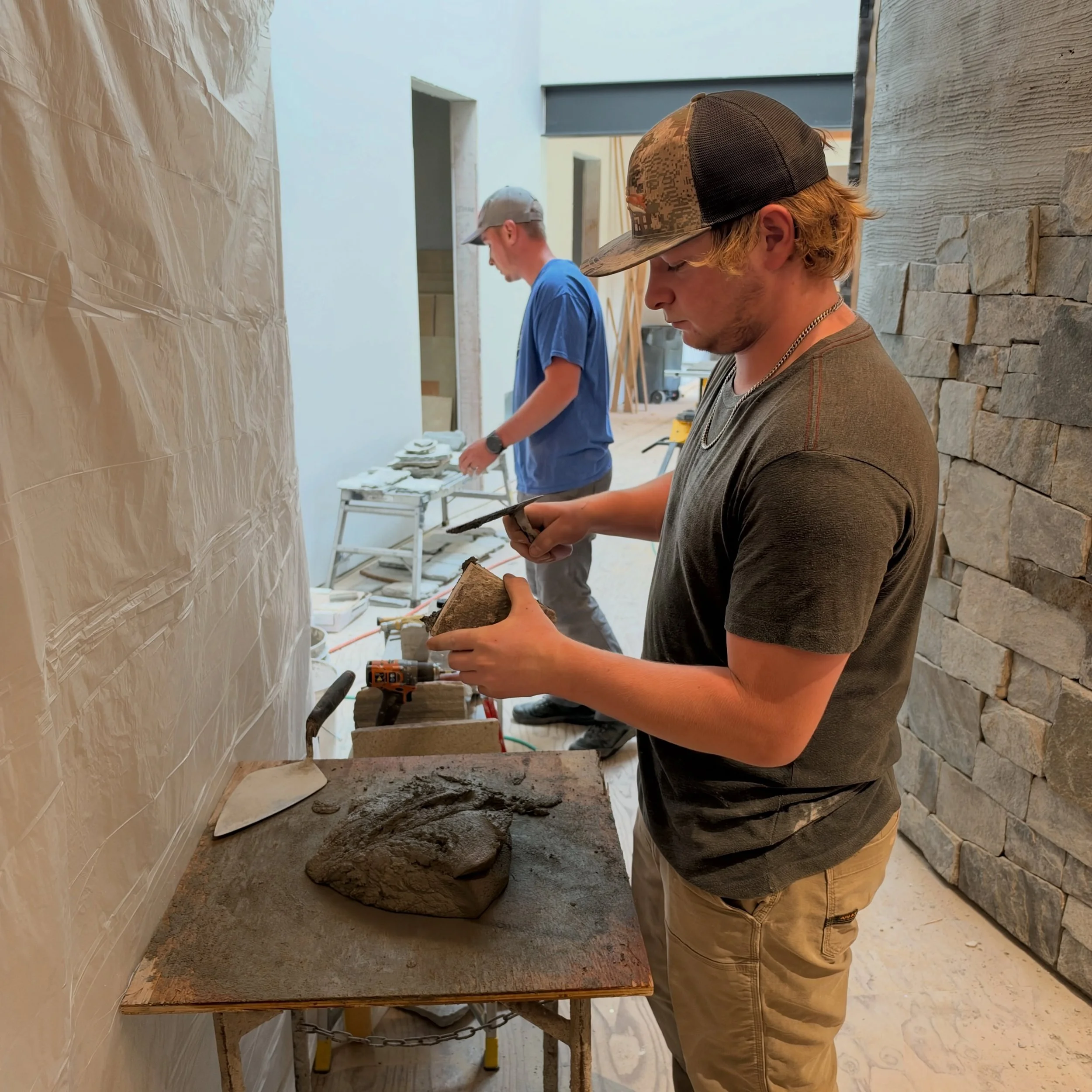 Scenes from the job site capturing the incredible work of this team. Inside and out, this project has a little of everything, and we aren't even close to finished yet #millerstoneworks #stonemasonry #stonework #masonry #teamwork