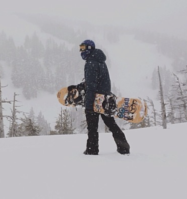 Person in winter gear holding a snowboard and walking through snow in a mountainous, forested area during snowfall.
