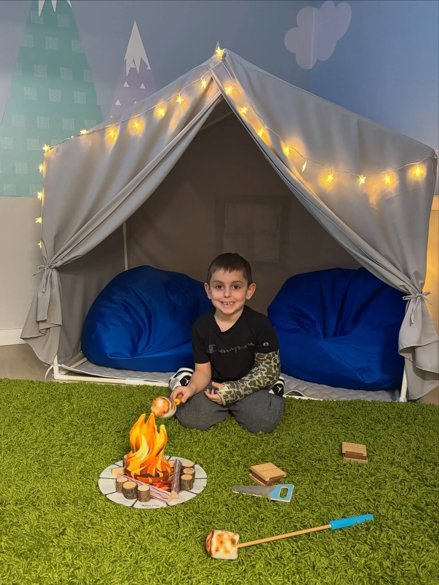 Bye-bye camo cast, hello indoor camping! The best rainy day activity is right here! #elbowfracture #allhealed #rainyday #camping #kidsorthonj