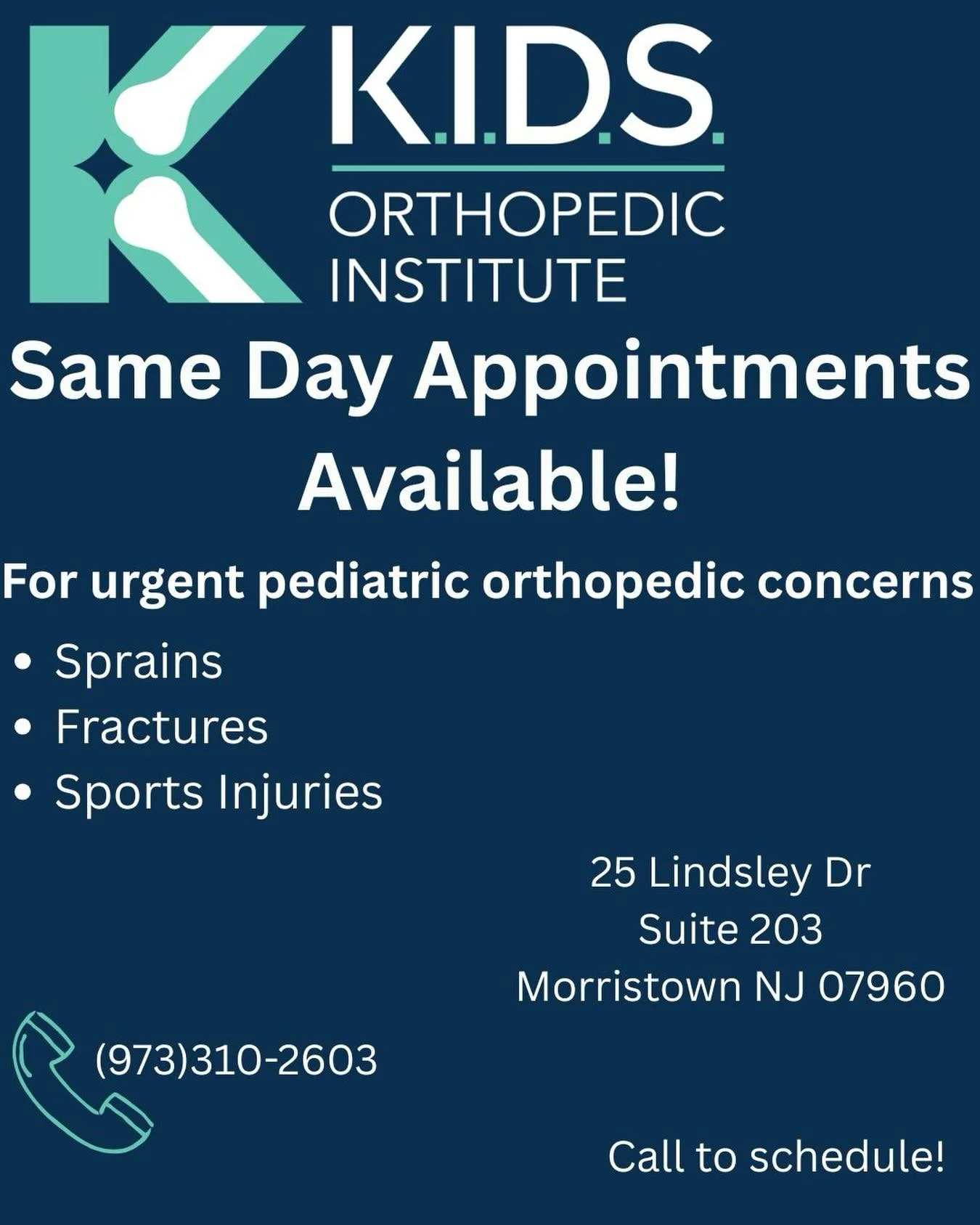 Did your child get hurt today?

Fortunately, we offer same-day appointments for urgent orthopedic concerns so your child can be seen as quickly as possible!

Please call us at (973) 310-2603 to schedule, as same-day visits are arranged directly over 