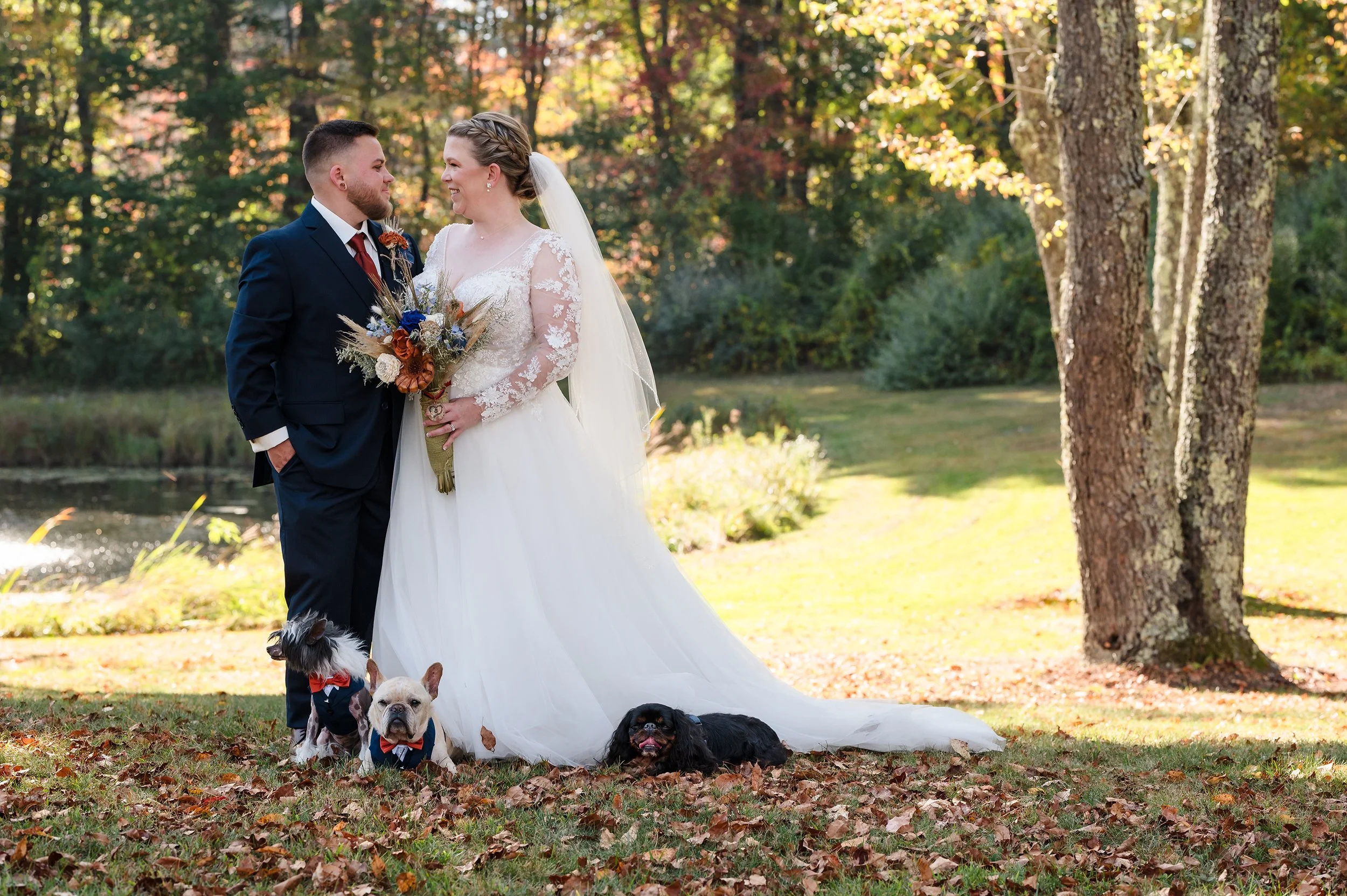 Meghann and Caleb enjoy their wedding day with Cash (Chinese Crested), Louie (French Bulldog) and Cedric (English Toy Spaniel)