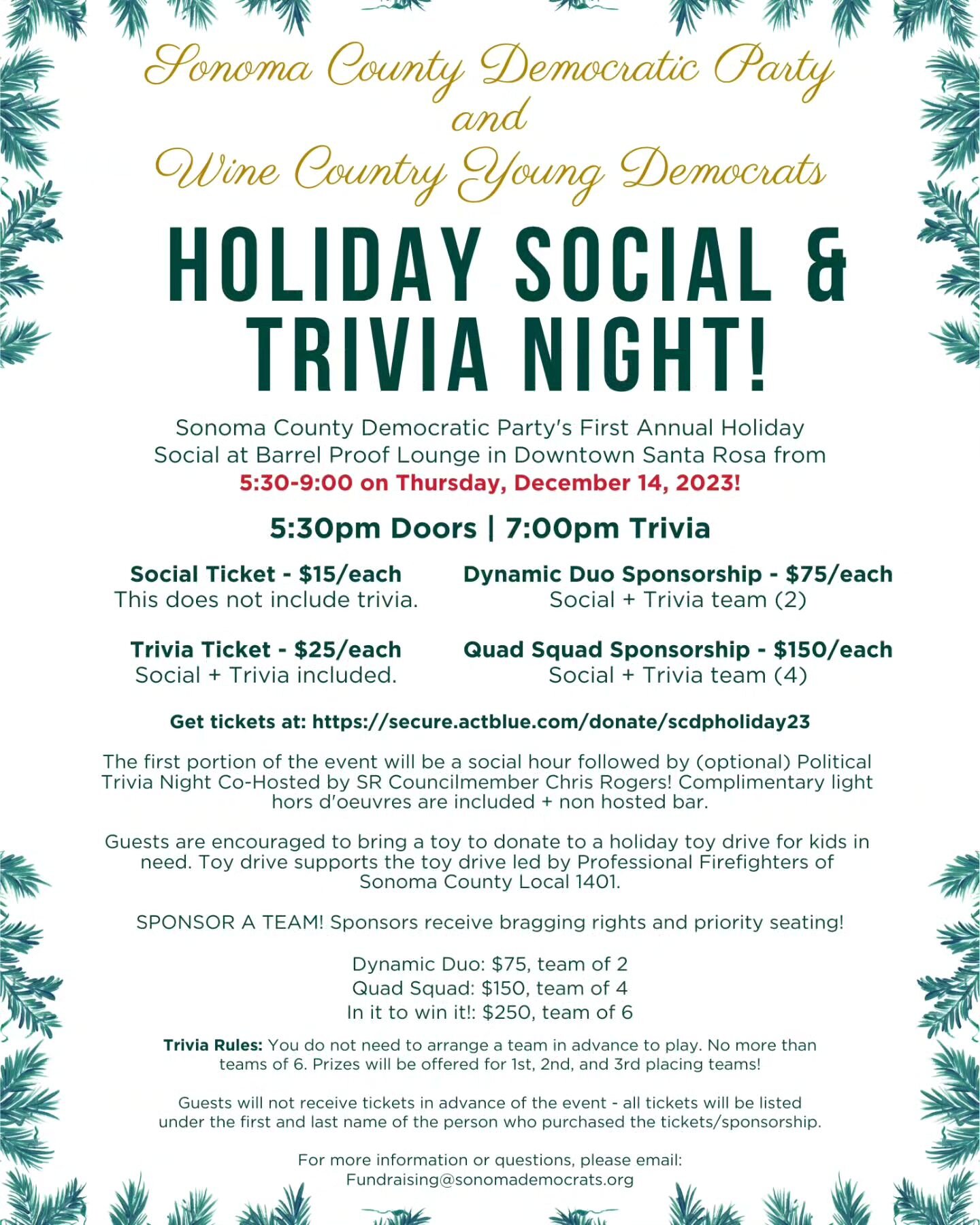 On behalf of the Sonoma County Democratic Party (@sonomadems ) and WCYD, we are welcoming Young Dems from across the county to join us for our First Annual Co-Hosted Holiday Social!

Join us for a fun night of Trivia hosted by Santa Rosa Councilmembe