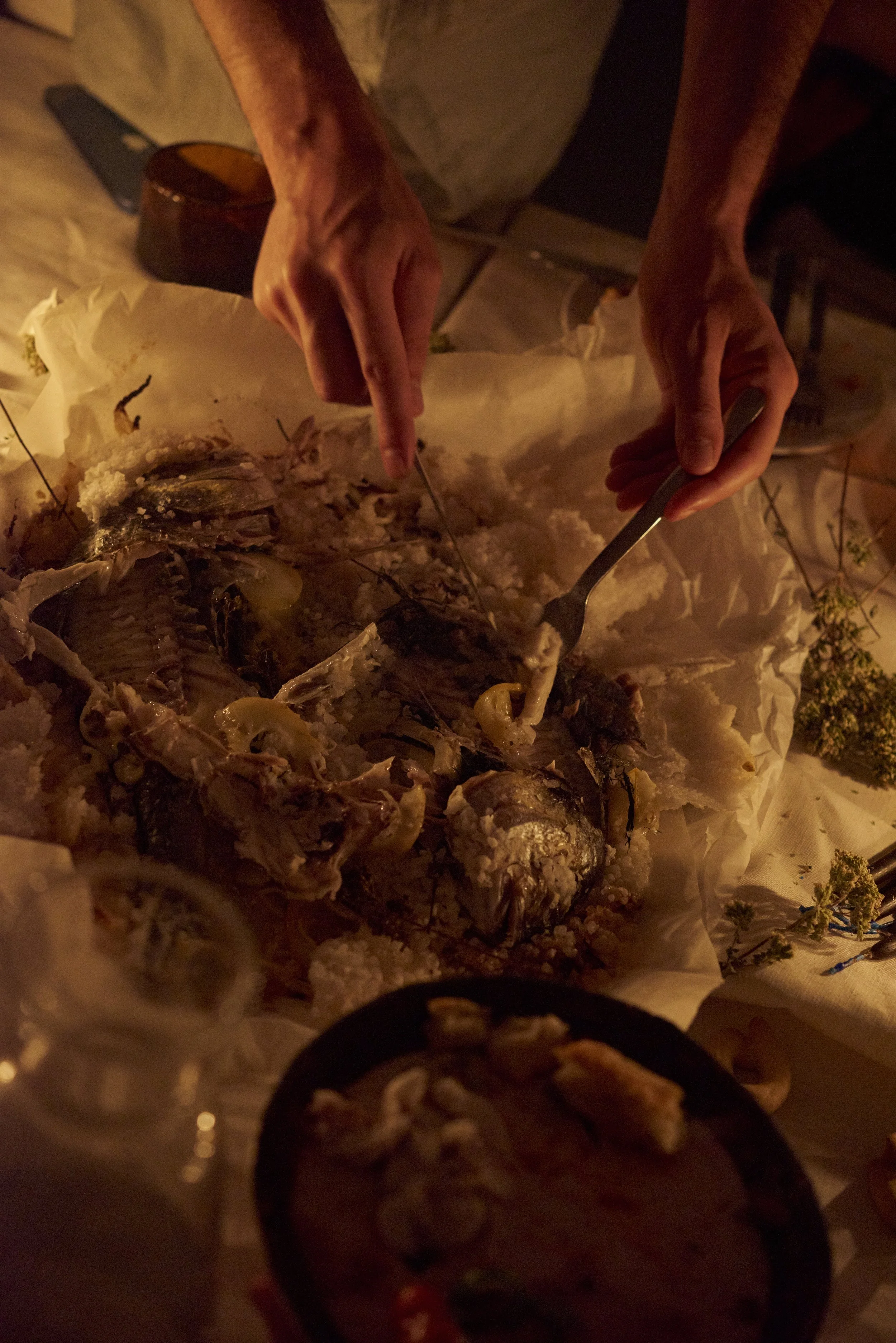 Hands plating fish candlelit