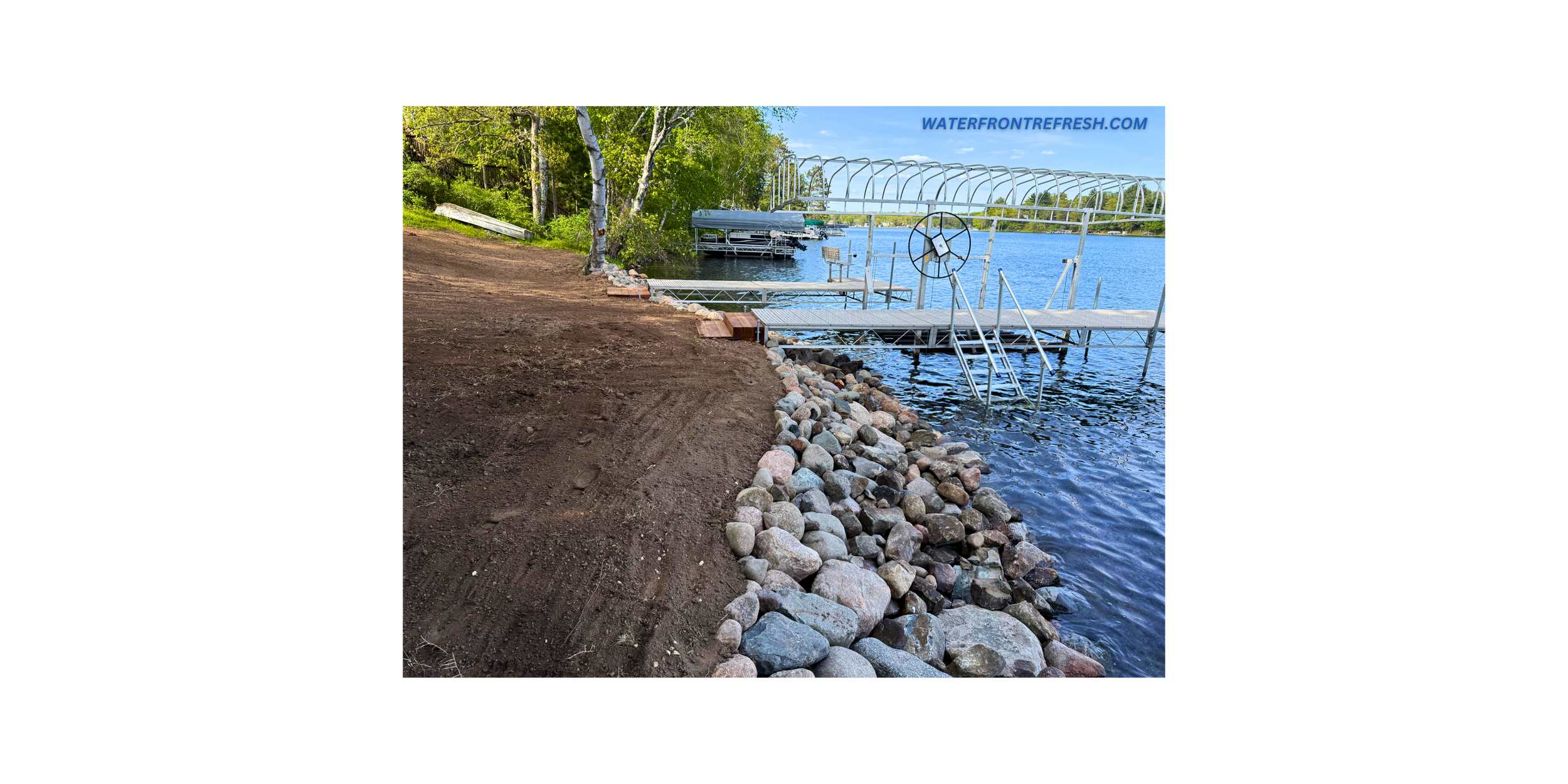Riprap Installation Amery WI Lake Wapo Bear Trap Lake Waterfront Refresh LLC WaterfrontRefresh.Com Waterfront Refresh Wood Dock Landing Installation Wisonsin Minnesota Timber Dock Landings Waterfront Access Wisconsin Shoreline Step Installation WI MN