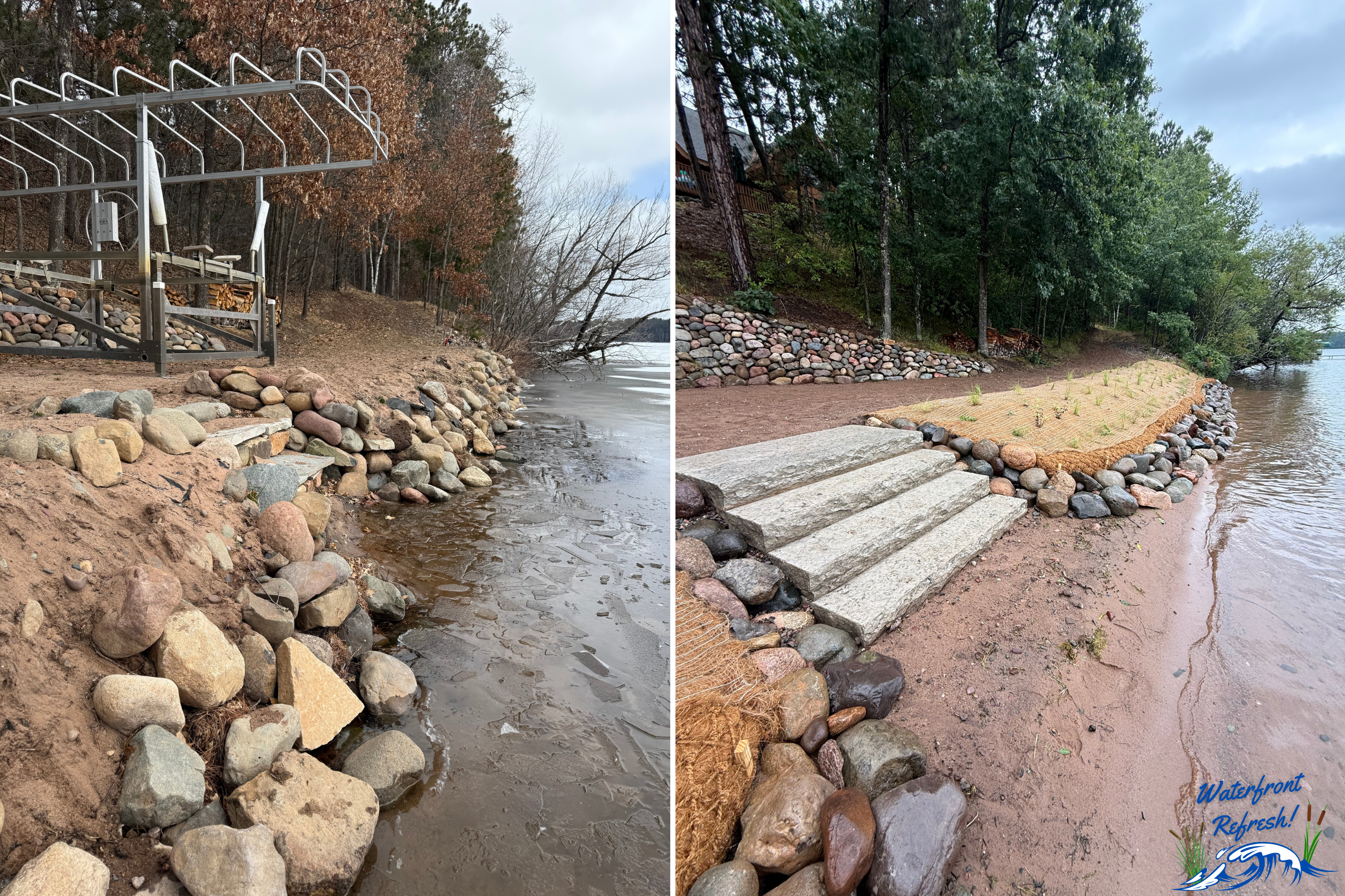 Natural Shoreline Restoration Wisconsin WI Shoreline Restoration Waterfront Refresh Shoreline Steps Lakefront Steps Wisconsin Coir Shoreline Natural Shoreline Wisconsin Minnesota Ice Heave Repair Lake Front Ice Shove Repair Plants for shoreline