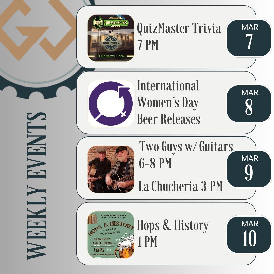 Busy days ahead in the old taproom...come join the fun! 🏃🧠🍻🎸🌮 🤓

#TriviaTime #InspireInclusion #goodworksbrewing #livemusicians #foodtrucks #HopsandHistory