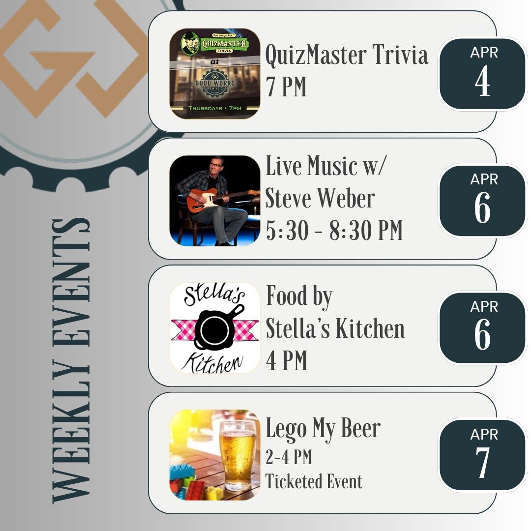 April snow showers 🌨💨 bring...well, you know...taproom fun! 😆🍻

Quizmaster Trivia 🤓😎on Thursday! #TriviaTime #allmysmartfriends 
Live music 🎸🎼w/ Steve Weber and food by Stella's Kitchen on Saturday! #livemusicrocks #foodtrucks #yummyyummy 
Le