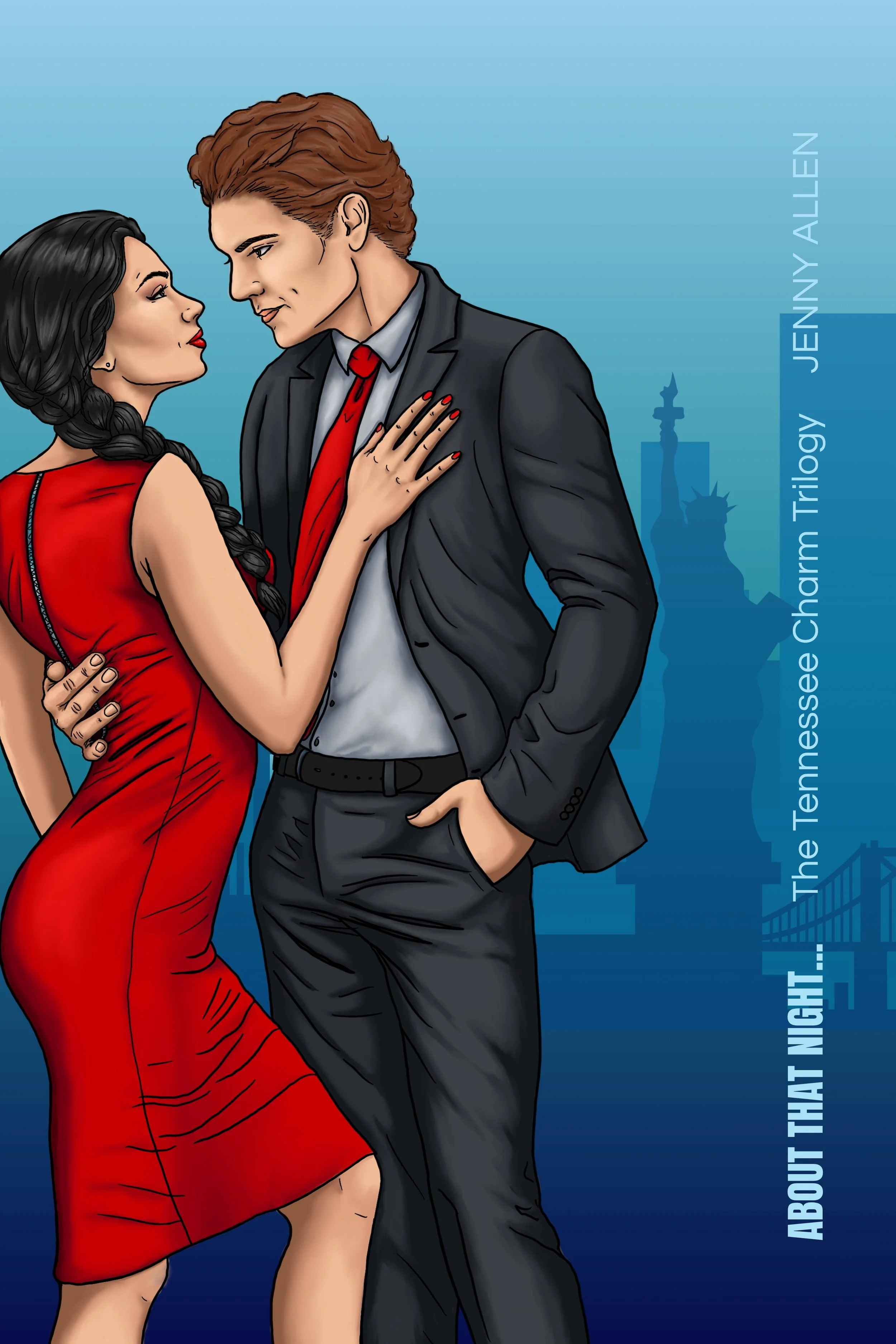 Illustration of a woman in a red dress and a man in a black suit with a red tie, standing close and gazing into each other's eyes against a background with the Statue of Liberty silhouette and NYC skyline.
