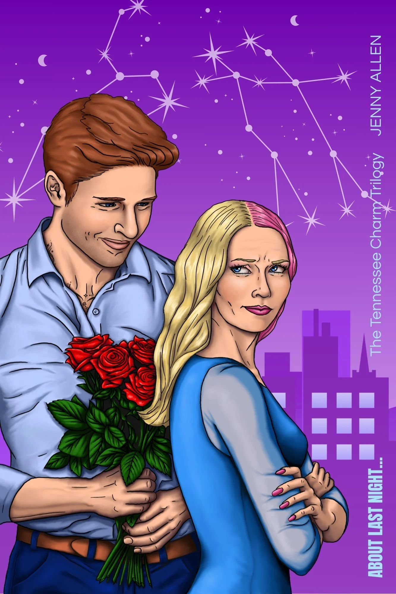 Illustration of a man with red hair holding a bouquet of red roses and a woman with blonde and pink hair wearing a blue outfit, with a purple cityscape and starry night sky background.