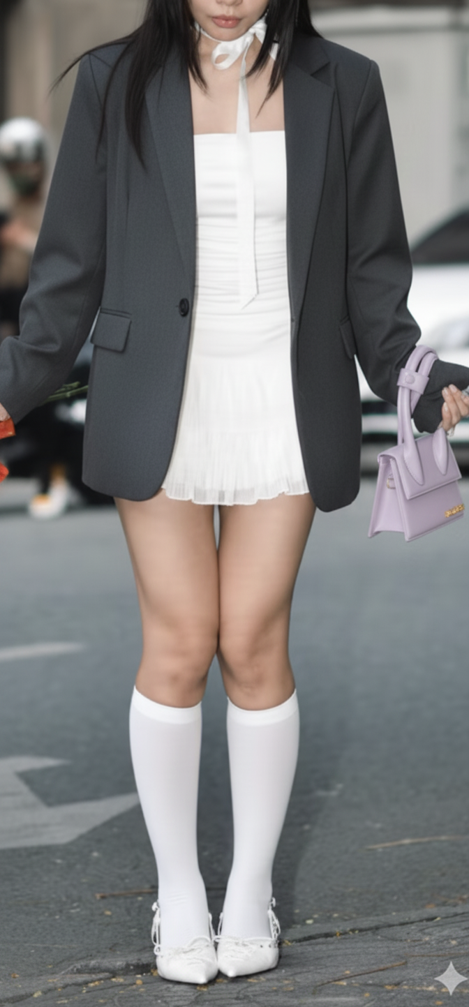 Dramatic essence blazer over Ingenue short skirt iwth playful Gamine mini purse.