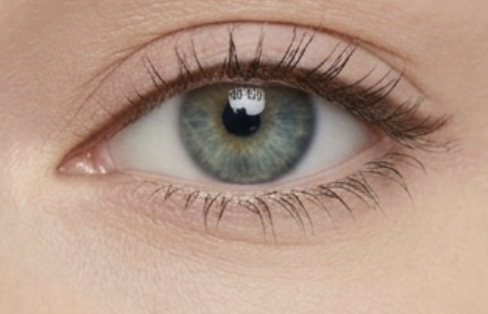 Blue eye with long, lightweight lashes and thin line of medium gray eyeliner