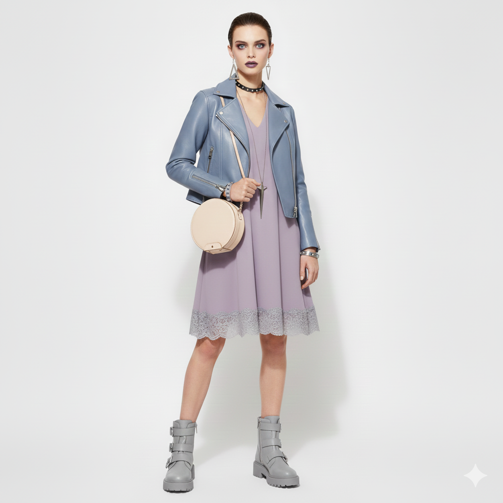 The same Dramatic Gamine Ingenue outfit as above, but this time in a Summer color season.