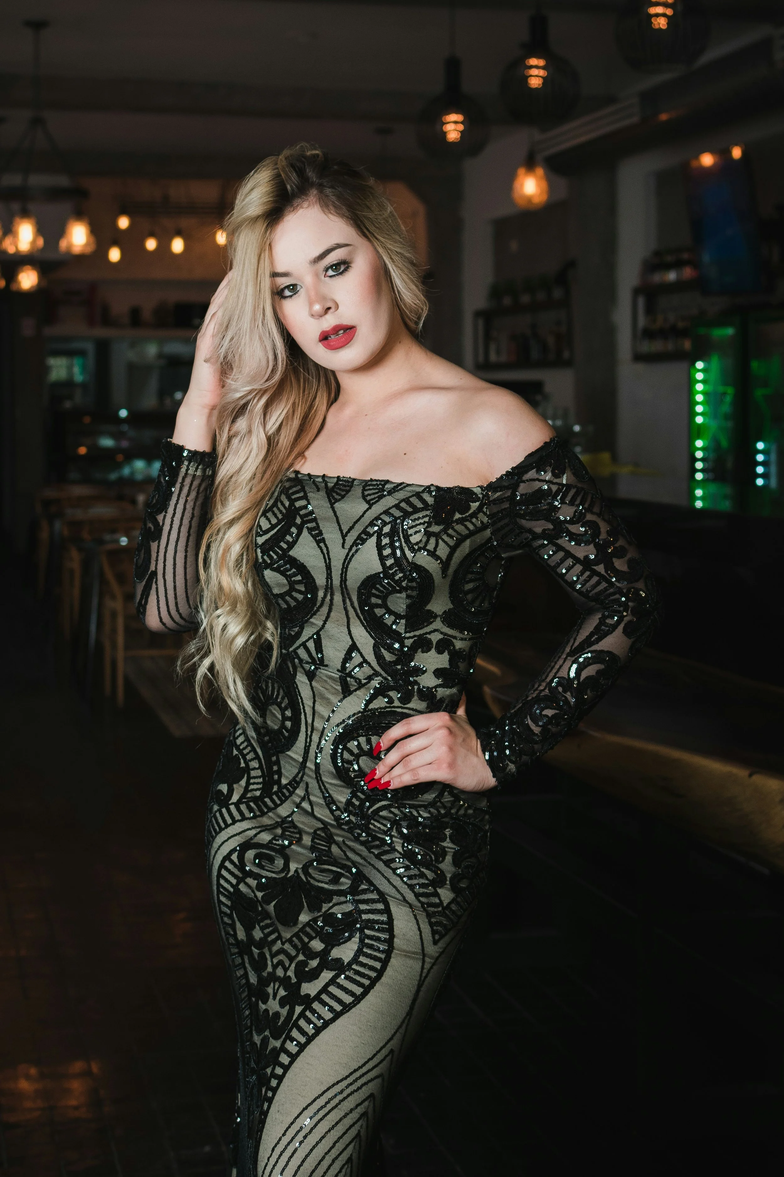 Woman wearing a glamorous Romantic essence dress