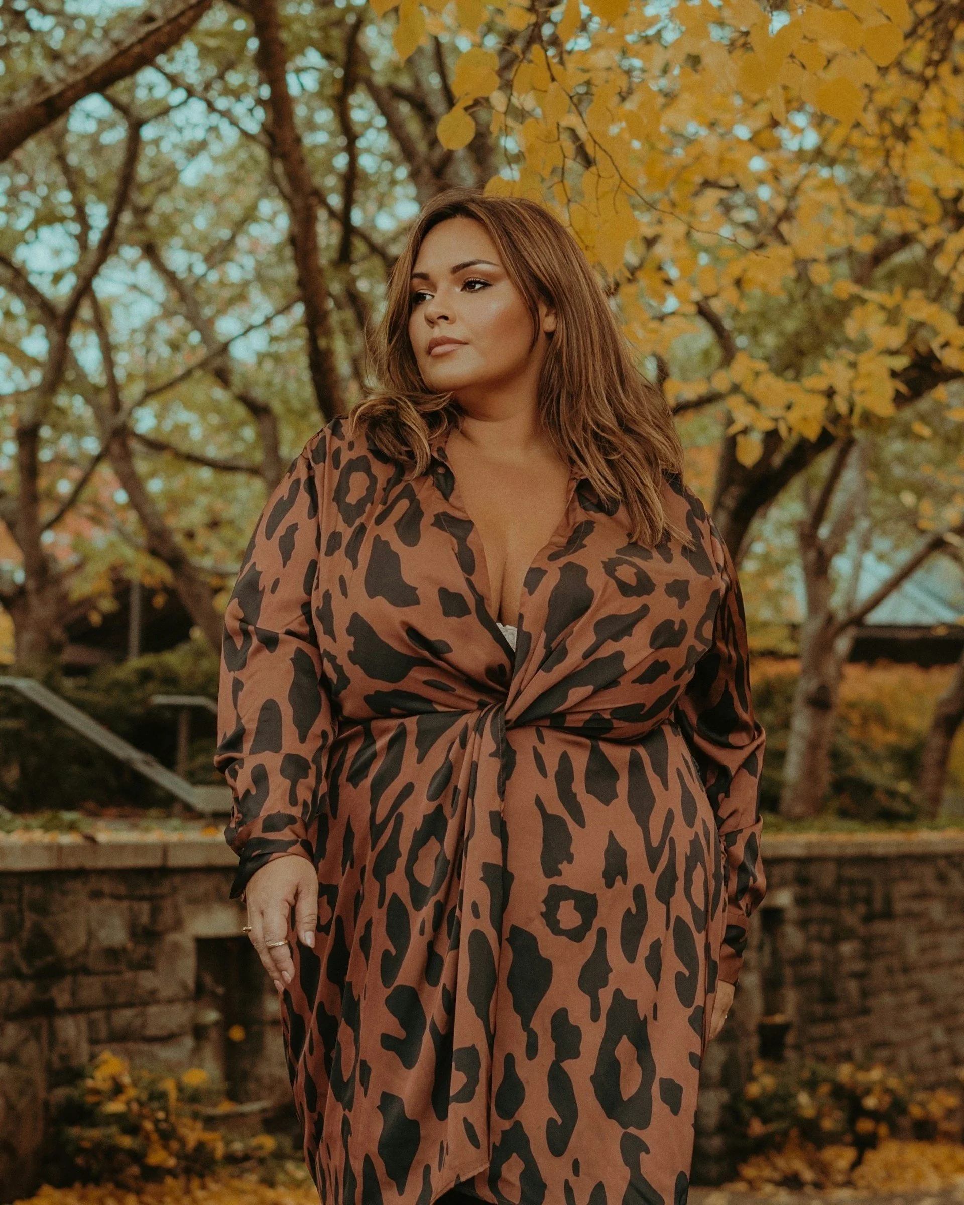 Woman wearing leopard print dress