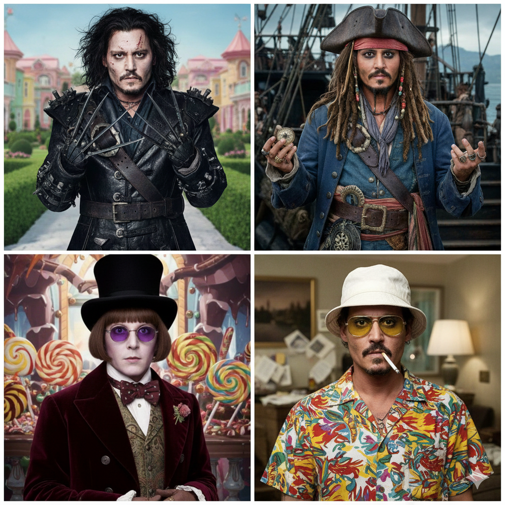 AI rendering of Johnny Depp as Edward Scissorhands, Jack Sparrow, and Willy Wonka. His Dramatic Ingenue Gamine blend enables him to embody a variety of roles.