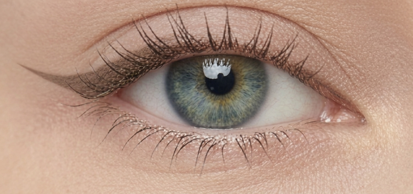 Thin, curving Ethereal eyeliner shown with eye open