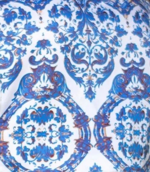 Symmetrical blue and white damask print that suits the Romantic Classic beauty type