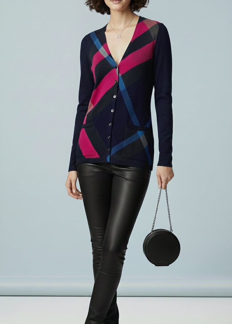Dramatic leather skinny pants, colorful Dramatic Gamine geometric print top, Ingenue circle purse.