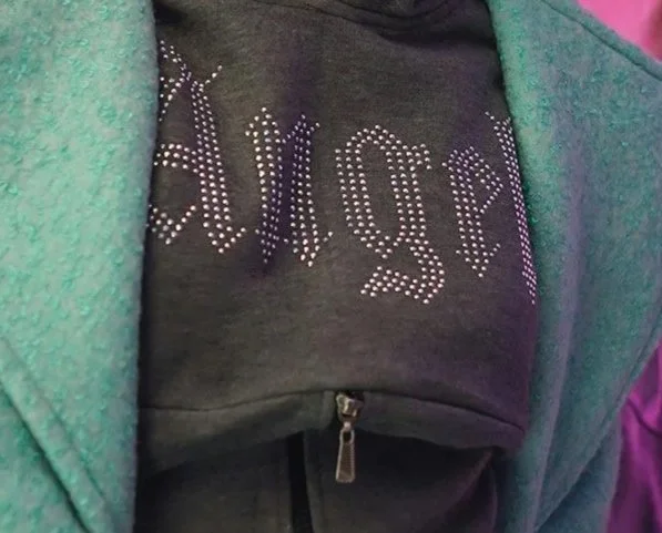 Shirt with rhinestone gothic Romantic essence lettering