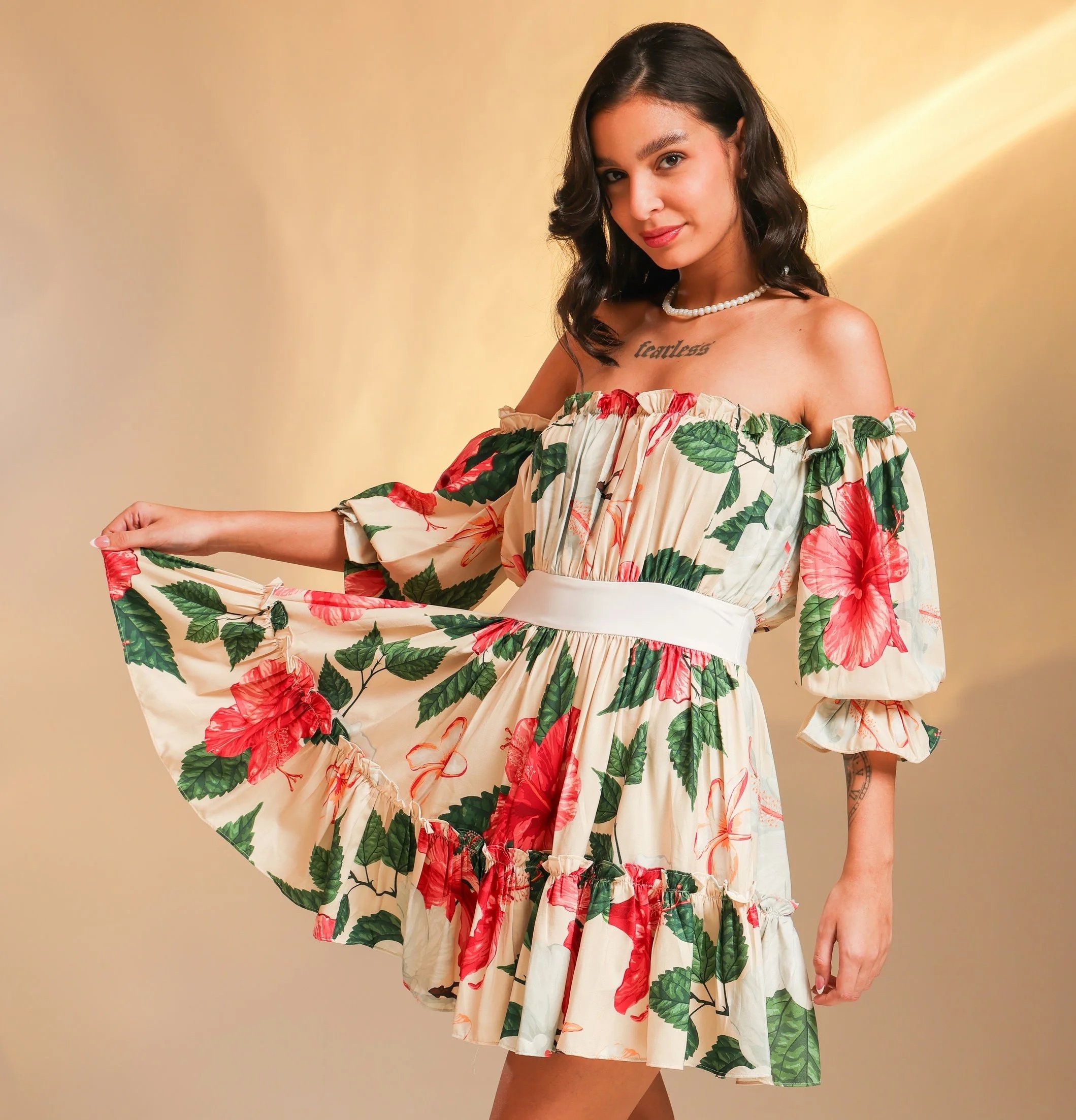 Woman wearing a floral flowy dress