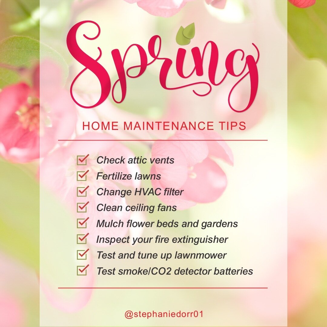 I enjoy successfully helping our community navigate the home selling and buying journey, and I would love to help you. Here are a few home maintenance tips to help you enjoy the spring season! 

#realestate #springrealestate #springsellingseason #rea