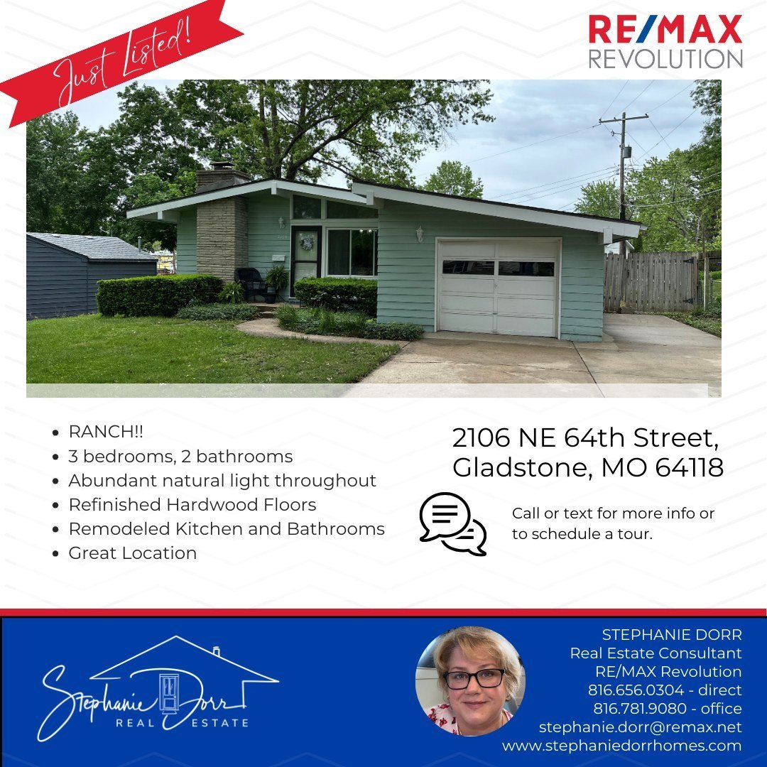 Schedule a tour today to see this beautifully remodeled 3 bedroom, 2 full bathroom ranch home in Gladstone, MO.  Perfect for first-time home buyers or retirees (no stairs!). 

Message me today!