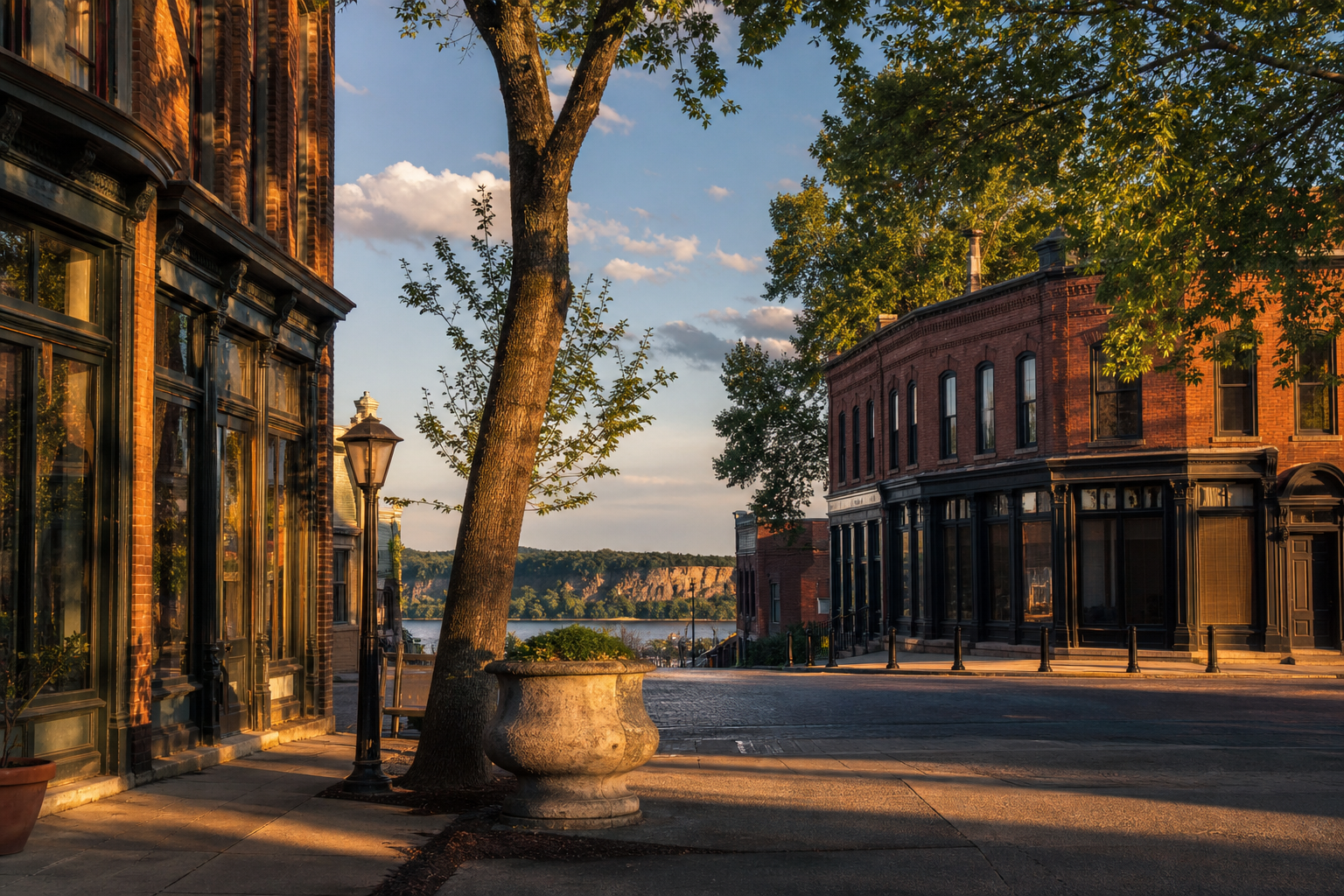 Expansive wide-angle establishing shot capturing the essence of Kansas City's Northland during golden hour.