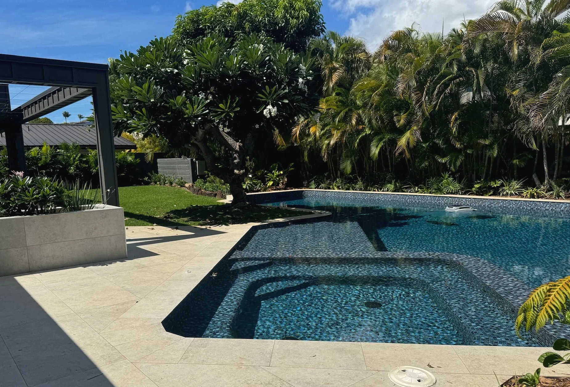 Hale Partners Hawaii project, a newly renovated backyard with a swimming pool surrounded by lush green plants and trees, with a clear blue sky overhead.
