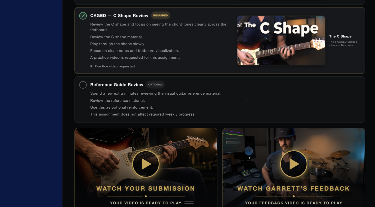 Screenshot of Student Home showing a submitted video and Garrett's personal feedback