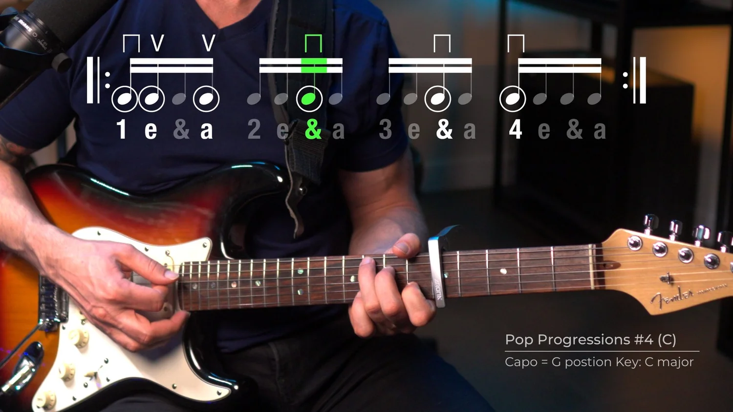 Guitar player using a capo with rhythm notation and chord overlay for a warm-up exercise