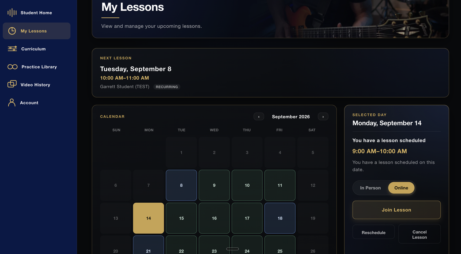 Screenshot of My Lessons showing the next lesson and lesson calendar