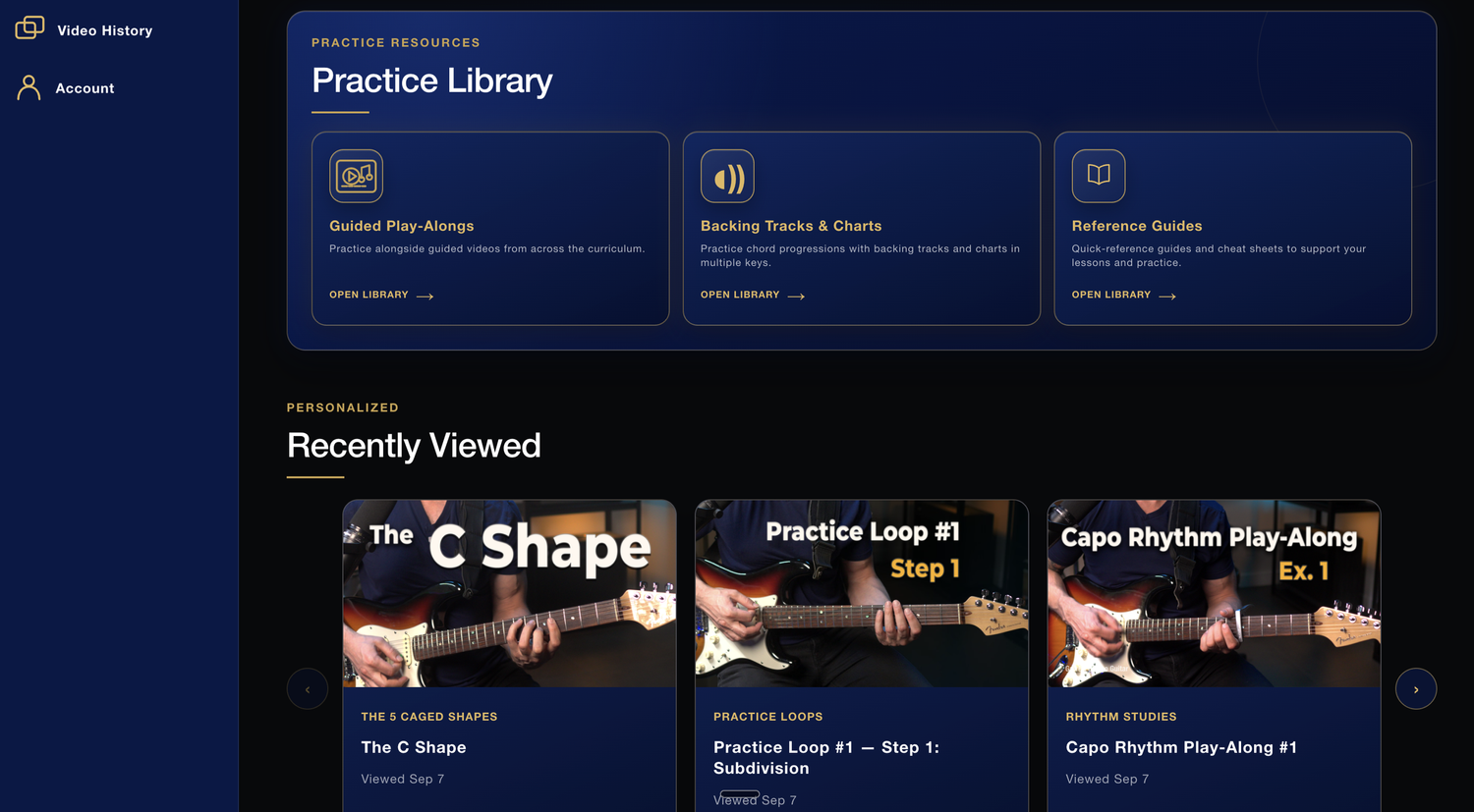 Screenshot of the Practice Library showing guided play-alongs and reference guides