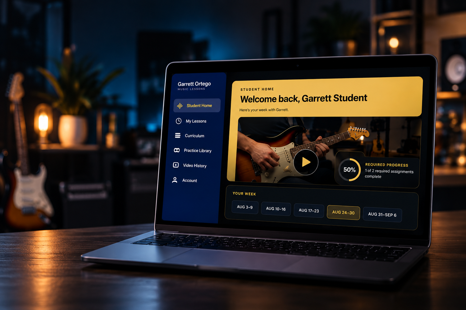 The Garrett Ortego Guitar Lessons Student Portal dashboard, shown on a laptop