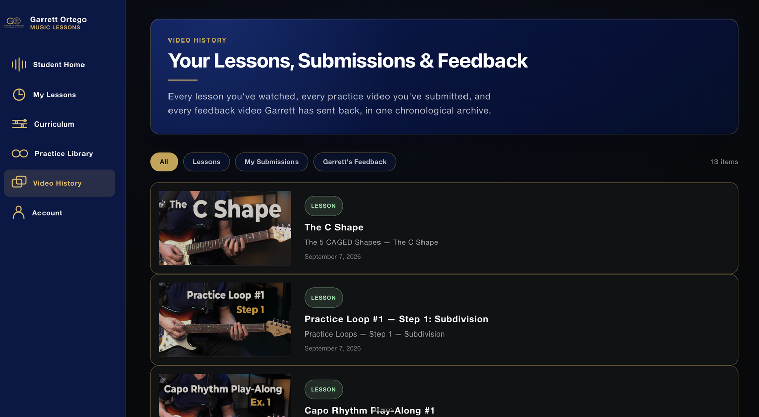 Screenshot of Video History showing past submissions and feedback