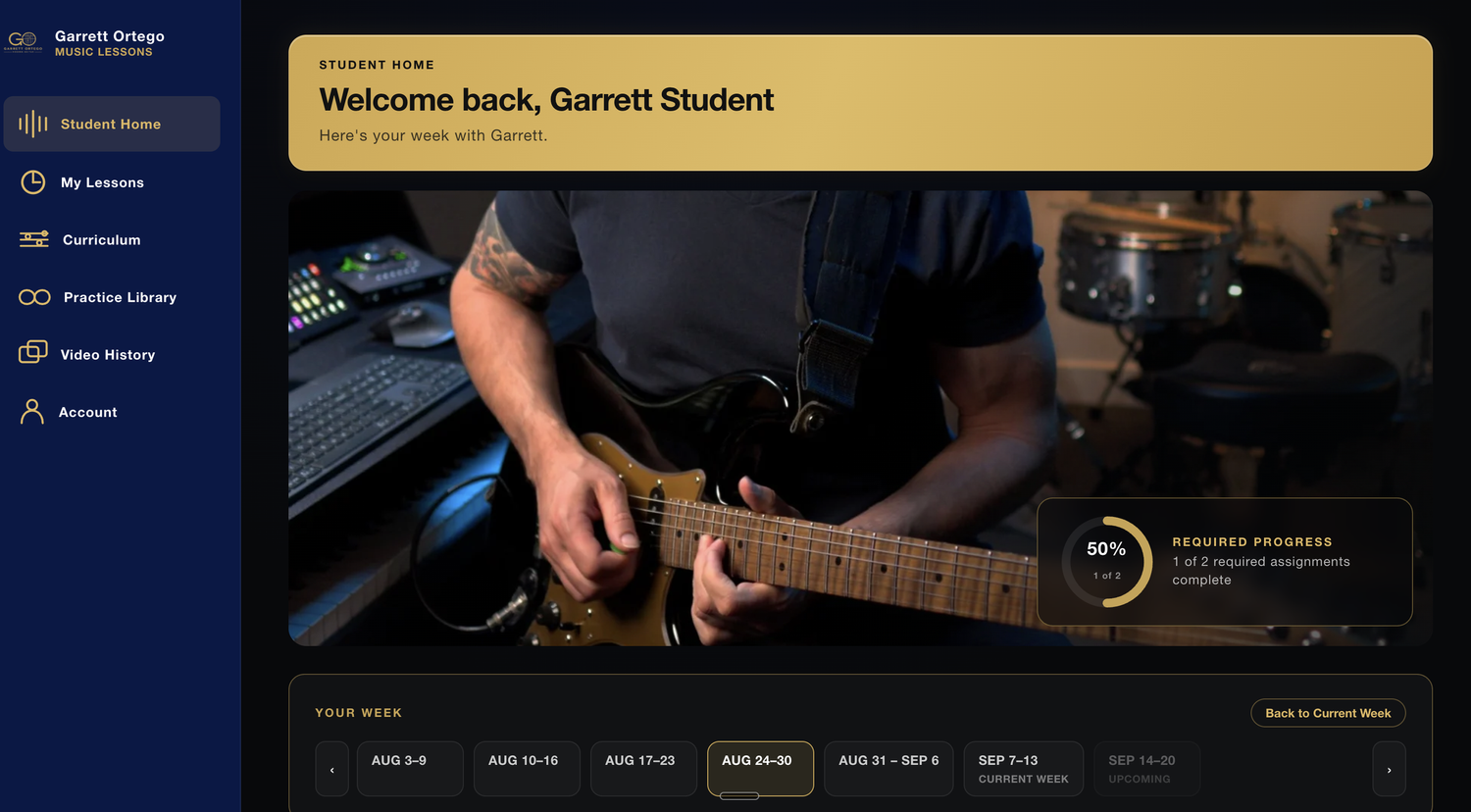 Screenshot of the Student Home dashboard showing weekly assignments and progress