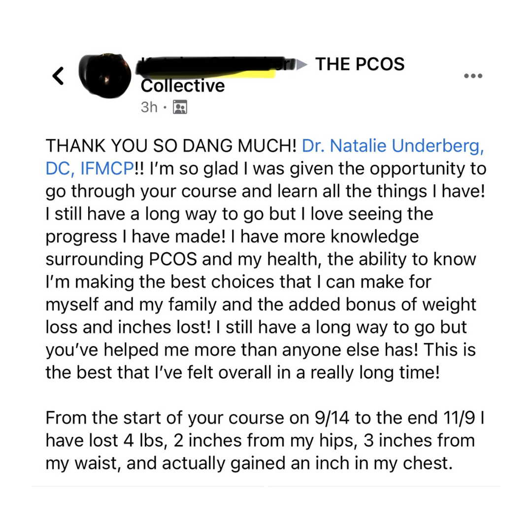 Facebook post expressing gratitude for a course, mentioning weight loss, health improvements, and progress against PCOS.