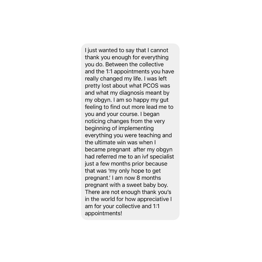 A screenshot of a heartfelt message praising a healthcare professional for their support and guidance through PCOS diagnosis and pregnancy, expressing gratitude for their care and education.