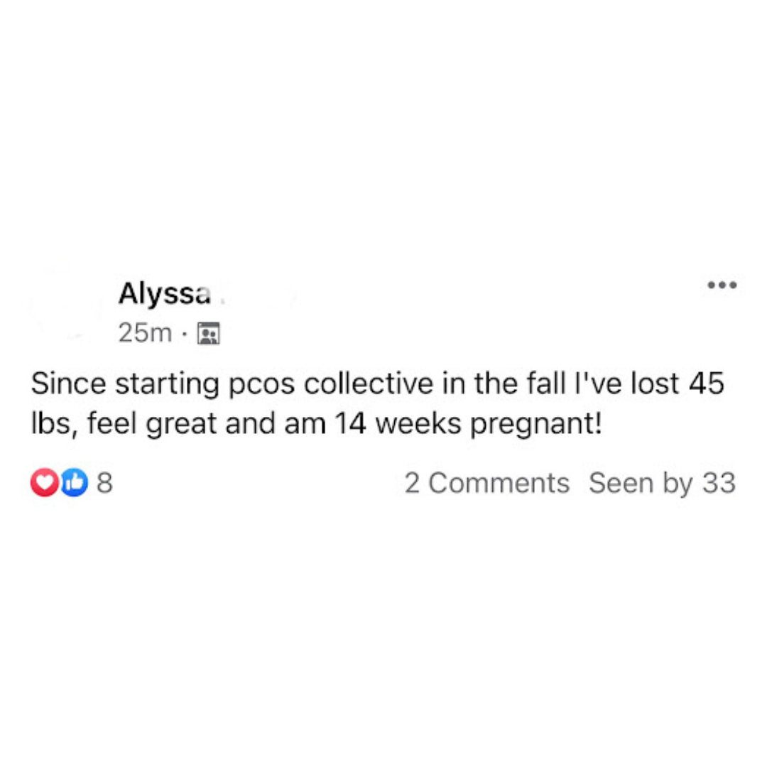 Facebook post by Alyssa stating she lost 45 pounds since starting PCOS support group in fall, feels great and is 14 weeks pregnant.