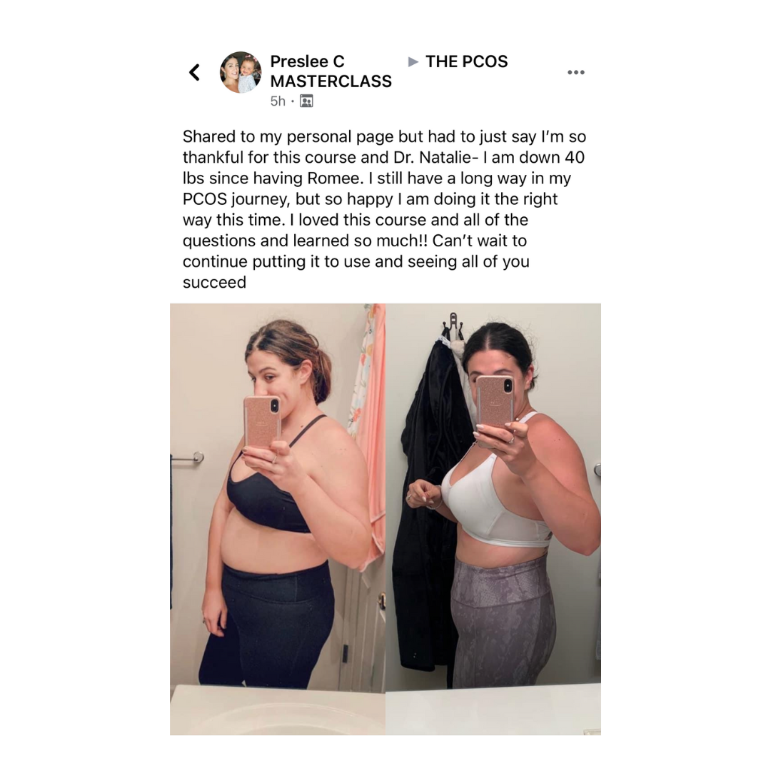 Before and after photos of a woman showing weight loss progress on a mirror, with a Facebook post sharing her success in a PCOS course.