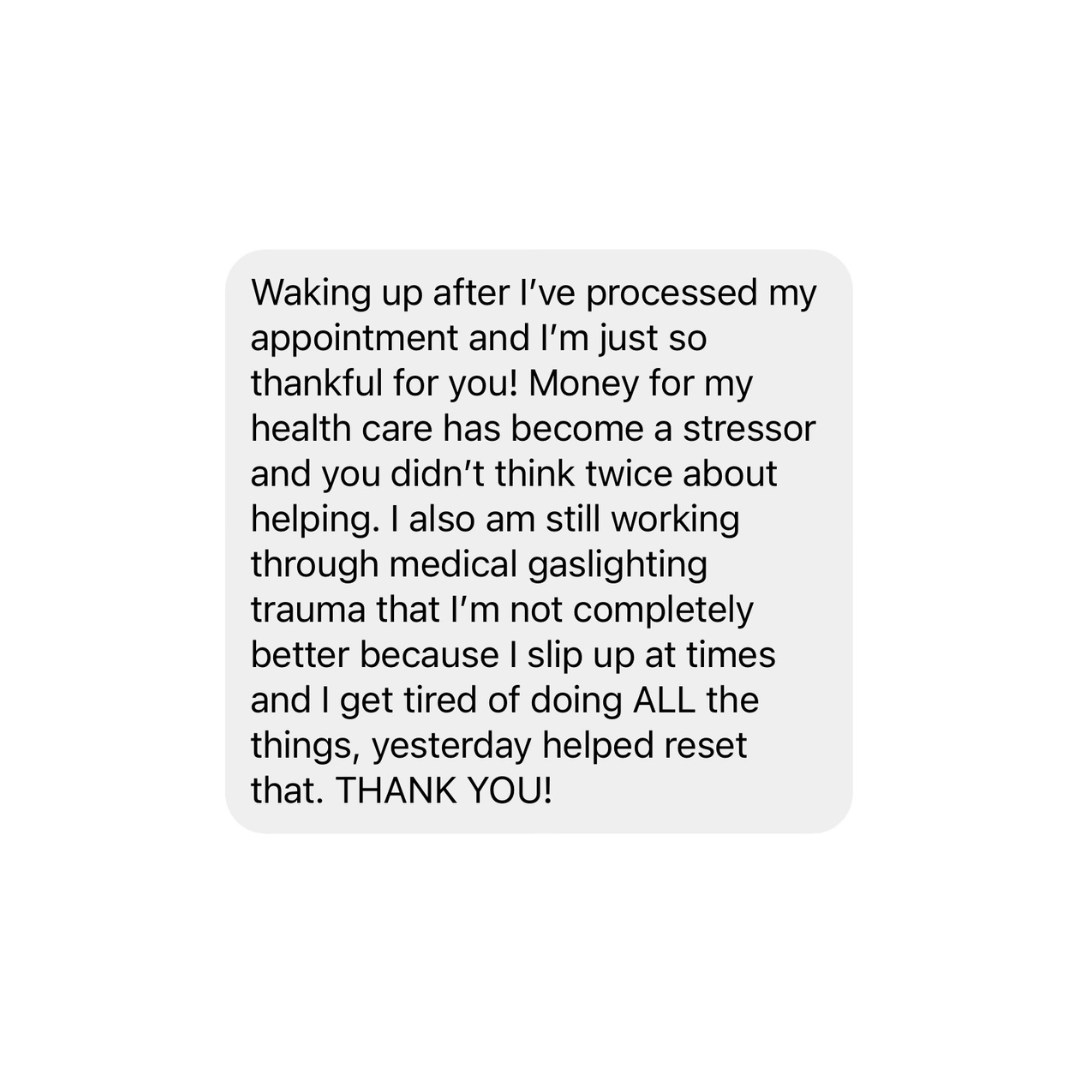 Text message about being grateful for healthcare and overcoming trauma after a medical appointment.