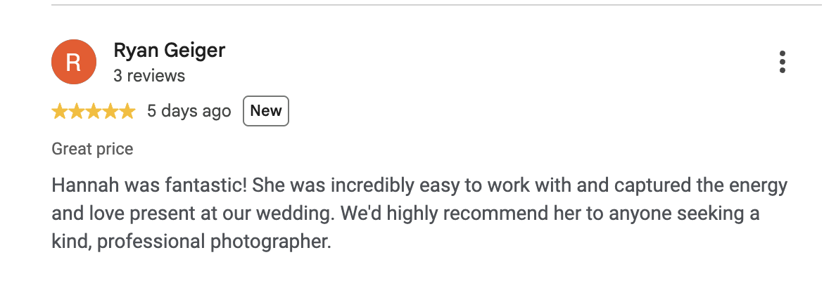 Google five star review stating positive experience with wedding day.