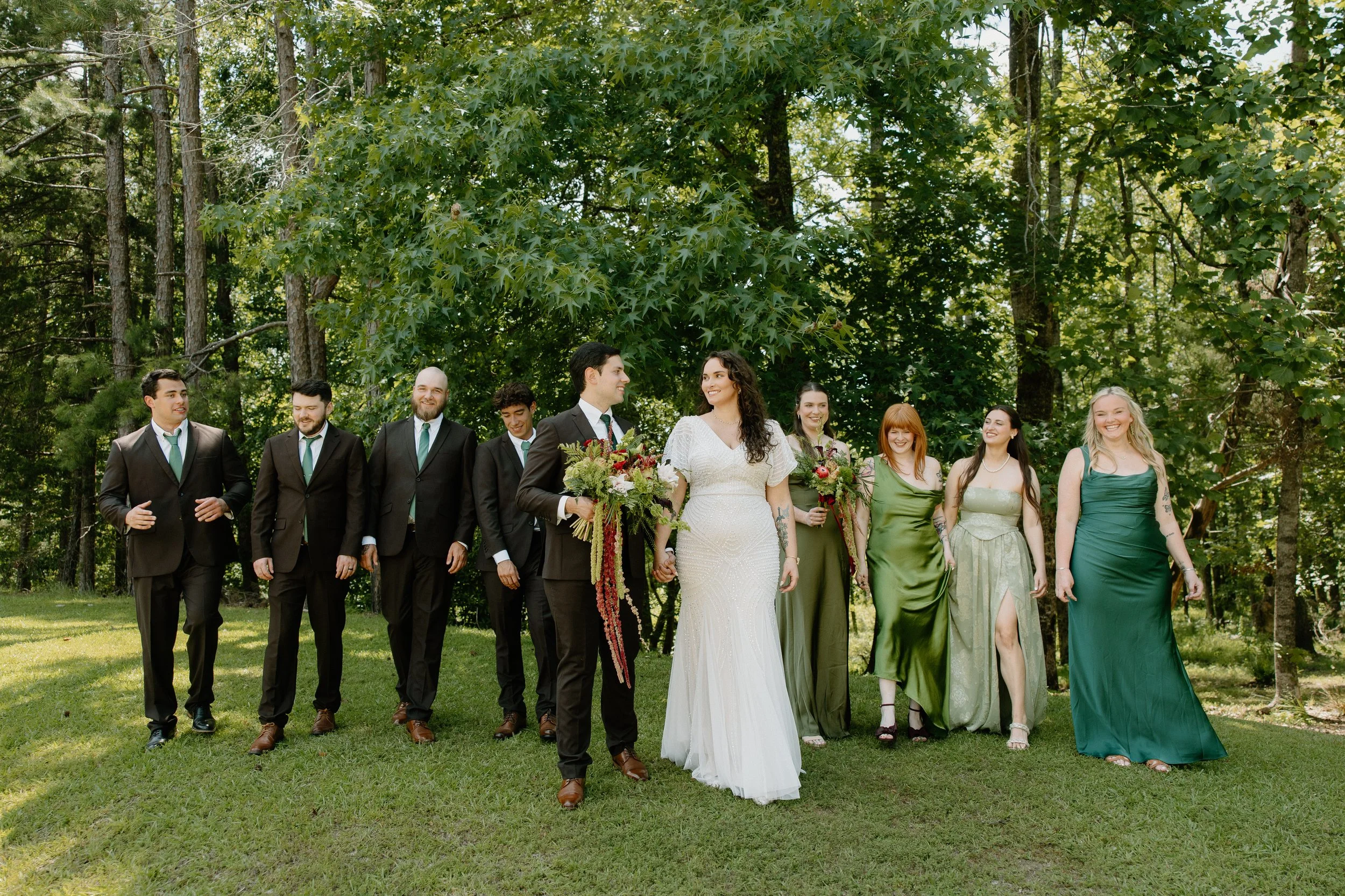 Wedding party portraits of party walking, Oxford, MS outdoor intimate wedding