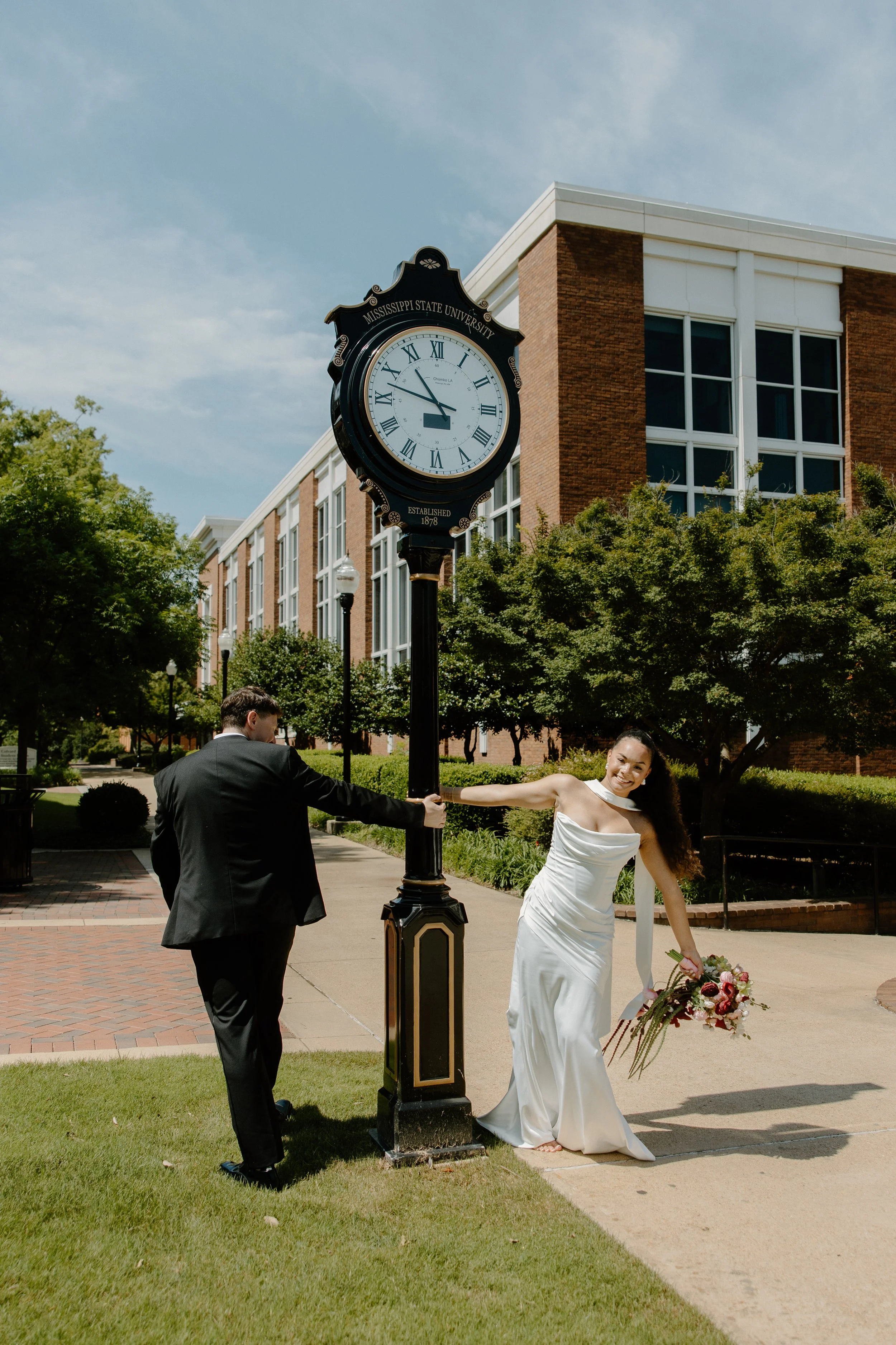 Bride and groom portrait at Mississippi State campus.