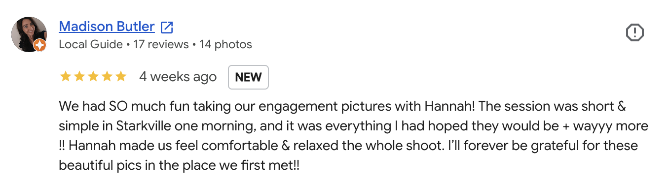 "We had so much fun taking our engagement pcitures with Hannah Ellis in Starkville one morning. It was everything I had hoped + wayyy more! Hannah made us feel comfortable and relaxed the whole shoot. I'll forever be grateful for these beautiful pics