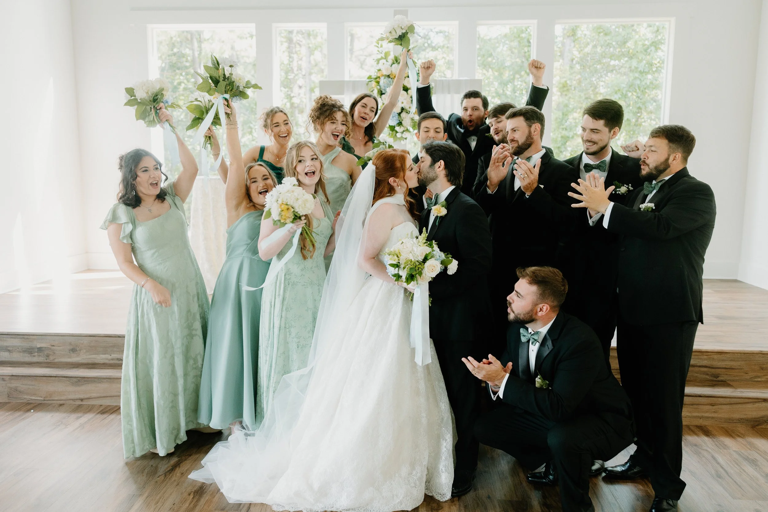 Wedding Party portrait captured inside Kingfisher's new chapel space, shot by Hannah Ellis Photography in Tupelo, MS.